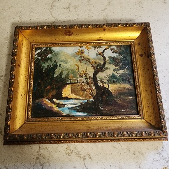 Beautiful vintage original painting landscape bridge over stream creek water - Picture 3 of 8